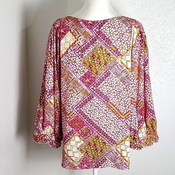 Zac & Rachel Colorful Print Top, Wide Balloon Sleeves, Pink,White,Gold, Size XL - Picture 7 of 9